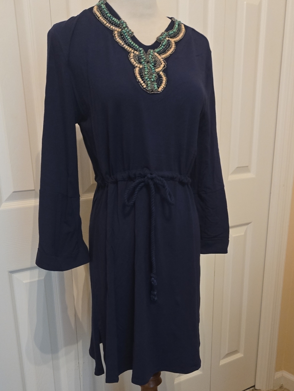 NWT Cababa Life Navy Beaded V-Neck Drawstring Waist Dress Sz XS